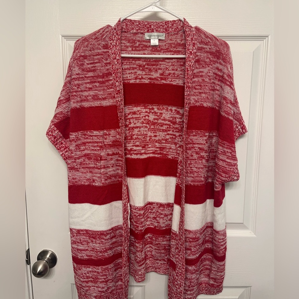 Women’s Short Sleeved Christopher& Banks Red & White Cardigan Sweater SZ XL